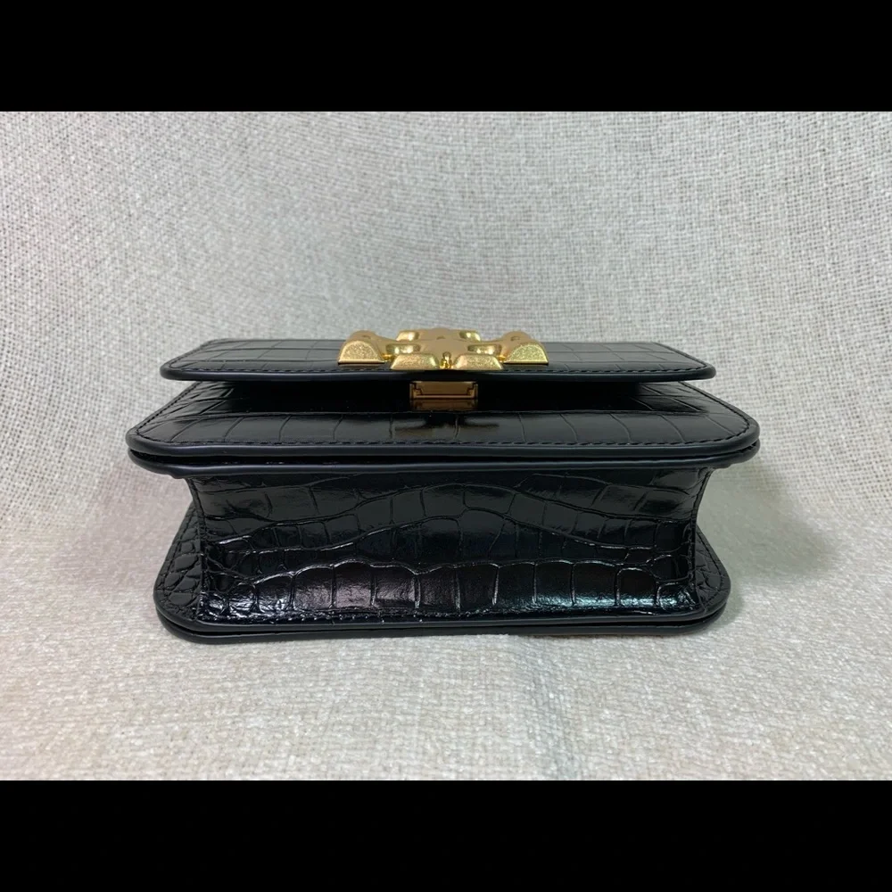 Tory Burch Black Croc-Embossed Mini Shoulder Bag with Gold Logo